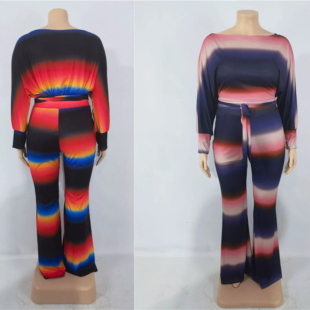 Plus Size Fall Clothing Two Piece Set Women Stripe Crop Bandge Top Elastic Waist Wide Leg Pants Sets Wholesal 3xl 4xl 5xl 6xl