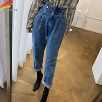 dfrcaeg 2022 new jeans for women high elastic waist denim wide leg pants retro washed streetwear straight blue trousers female