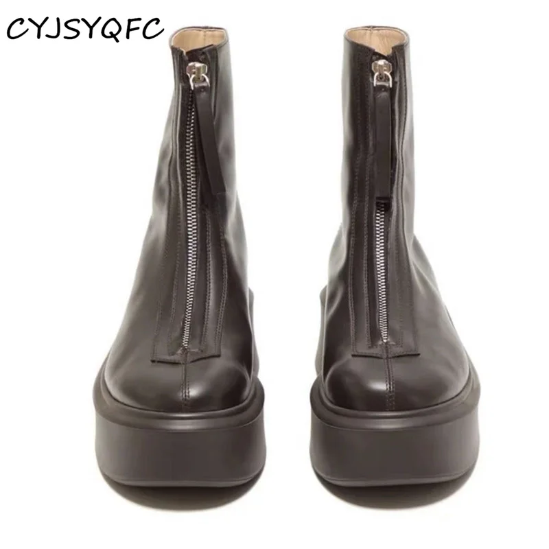 CYJSYQFC Luxury Brand Desgin Front Zip Ankle Boots For Women Round Toe Chunky Heels Flat Platform Short Boots Warm Comfort Shoes