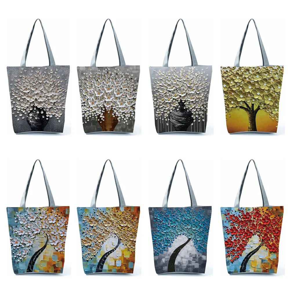 

Индивидуальная сумка-тоут с масляным рисунком цветущей вишни для женщин, женские элегантные сумки, вместительные многоразовые экологически чистые сумки для покупок