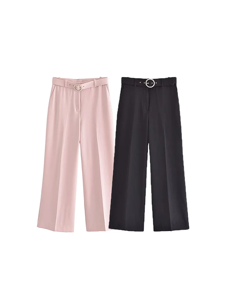 

Summer Women Wide Leg Pants WIth Artificial Pearls Buckle Belt 2023 New Daily Commuting Solid Ankle-Length Pants 2 Colors