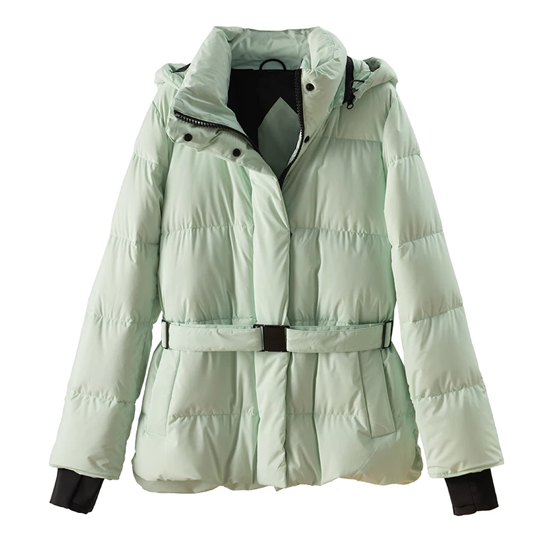 Sporty Style 95%  White Duck Down Jacket Women Winter Zipper Hat Detachable Adjustable Waist  Coat  Puffer Jacket