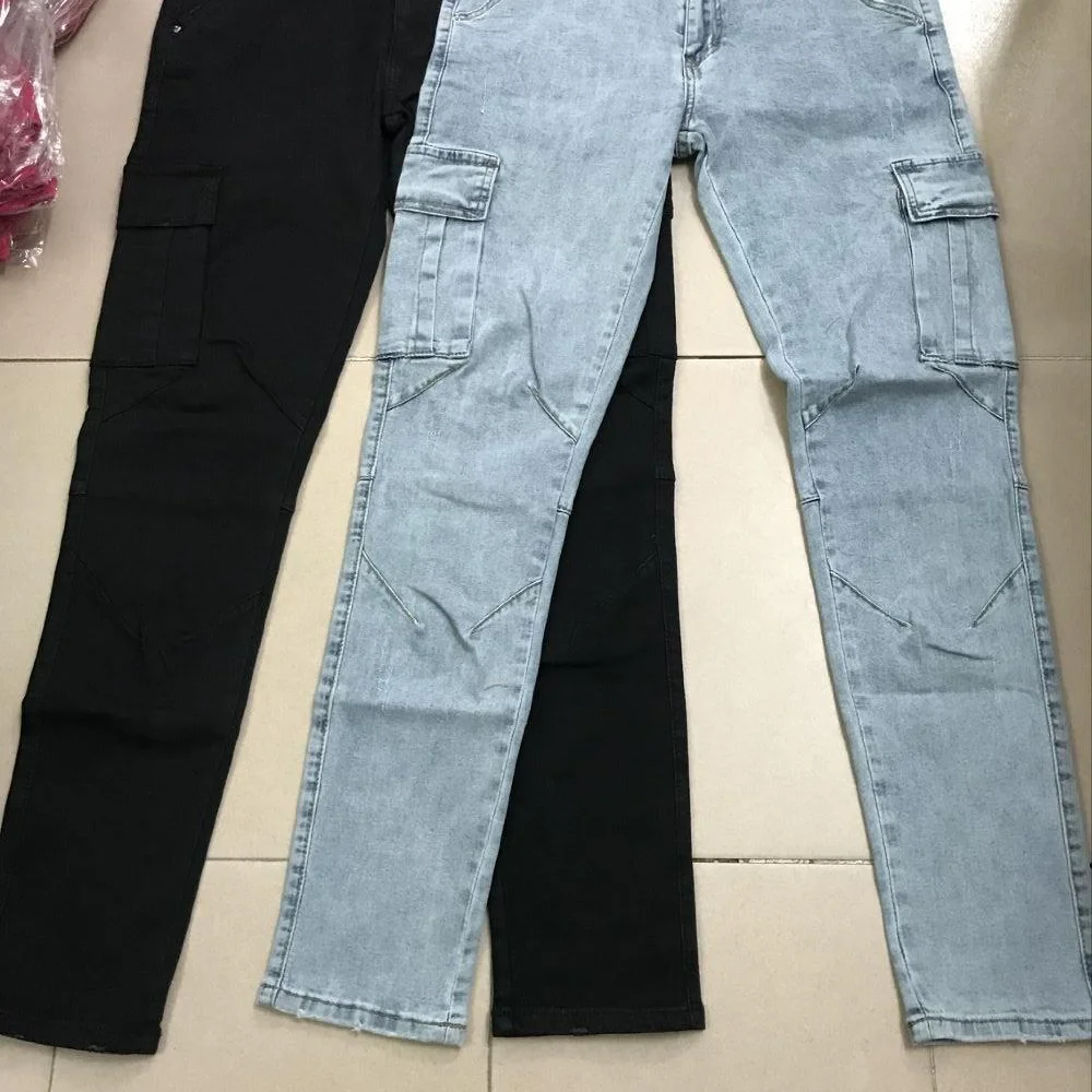 Summer Fashion Street Wear Men's Slim Fit Jeans Wash Solid Multi Pocket Denim Mid Waist Strap Jeans Casual Men's Clothing