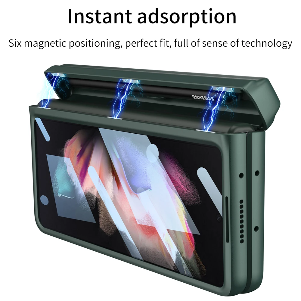 Solid Color PC Hard Case For Samsung Galaxy Z Fold 3 5G Phone Case With Pen Tray Luxury Magnetic Hinge film stand case for fold3