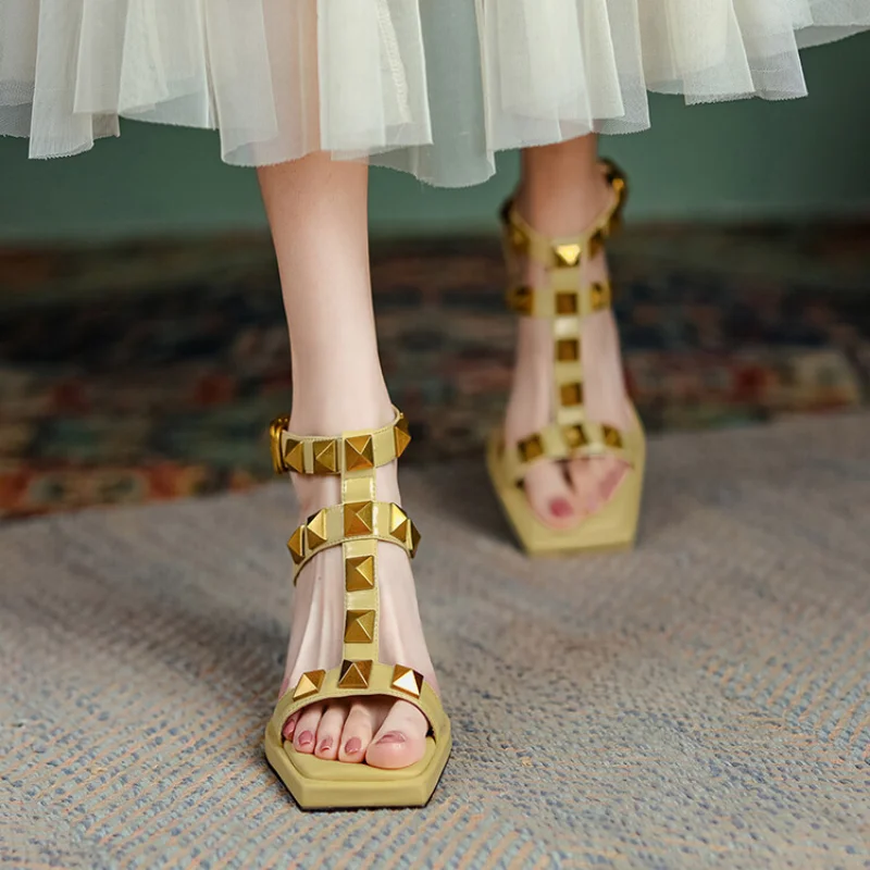 Rivet Thick Heel Sandals for Women 2023 Summer New Square Head Open Toe Line Buckle Leather Mid-heel Willow Shoes A418