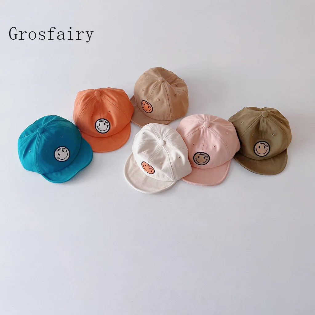 Grosfairy 2022 Spring New Kids Hat Embroidered Smiley Baseball Cap Boys And Girls Soft Brim Sunhat