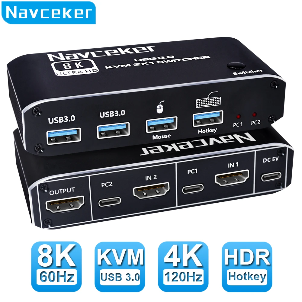

Navceker 8K KVM Switch HDMI-compatible 4K 120Hz 2 Port HD KVM Switcher Box USB for Shared Monitor Keyboard And Mouse Printer PC