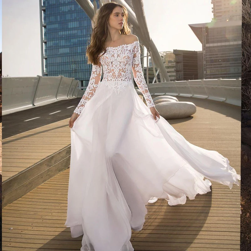 

QUEEN Country Boho Wedding Dress White Custom Made Bridal Gown Long Illusion Sleeves See Through Top Off The Shoulder Chiffon