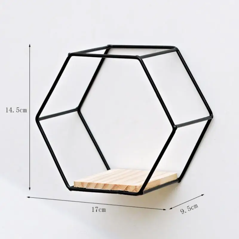 Nordic Wall Mounted Floating Hexagon Shelf Metal Framed Storage Holder Rack With Wooden Board Geometric Frame Stand Home Decor images - 6
