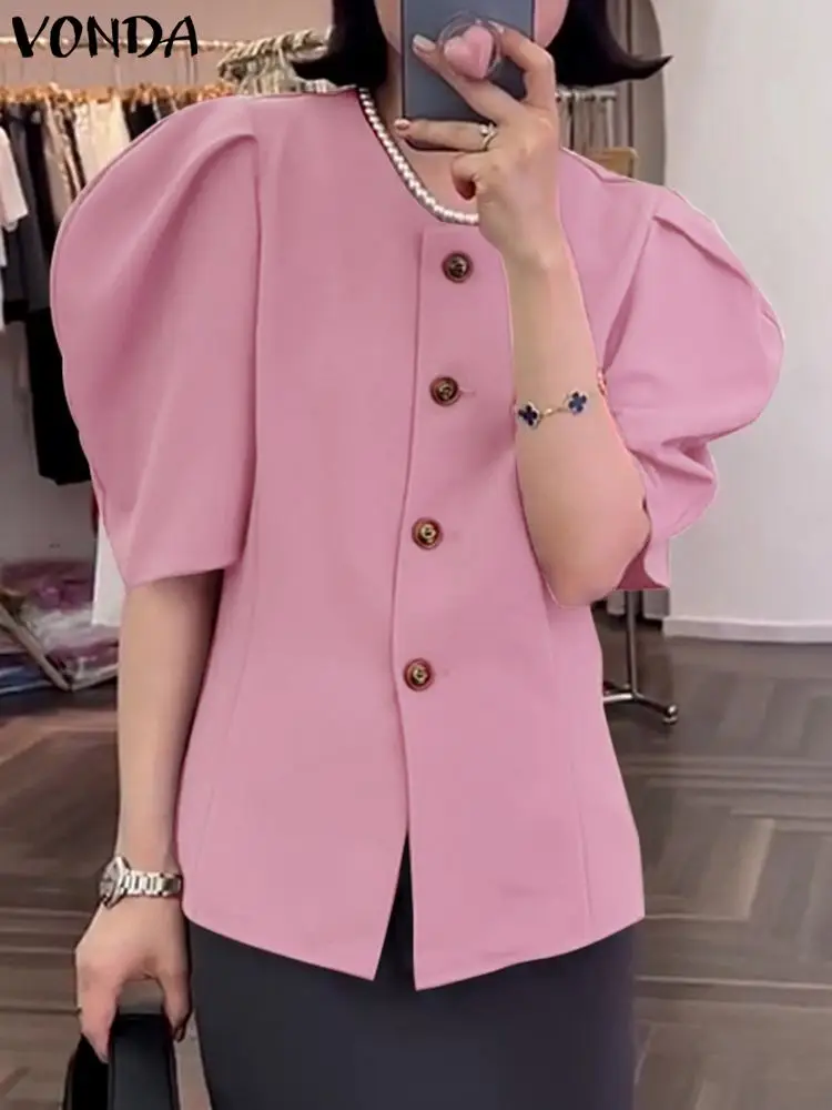 

VONDA Women Shirts Elegant Blouse 2023 Summer Fashion Short Puff Sleeve Solid Color Blouses Button Casual Loose Blusas Femininas