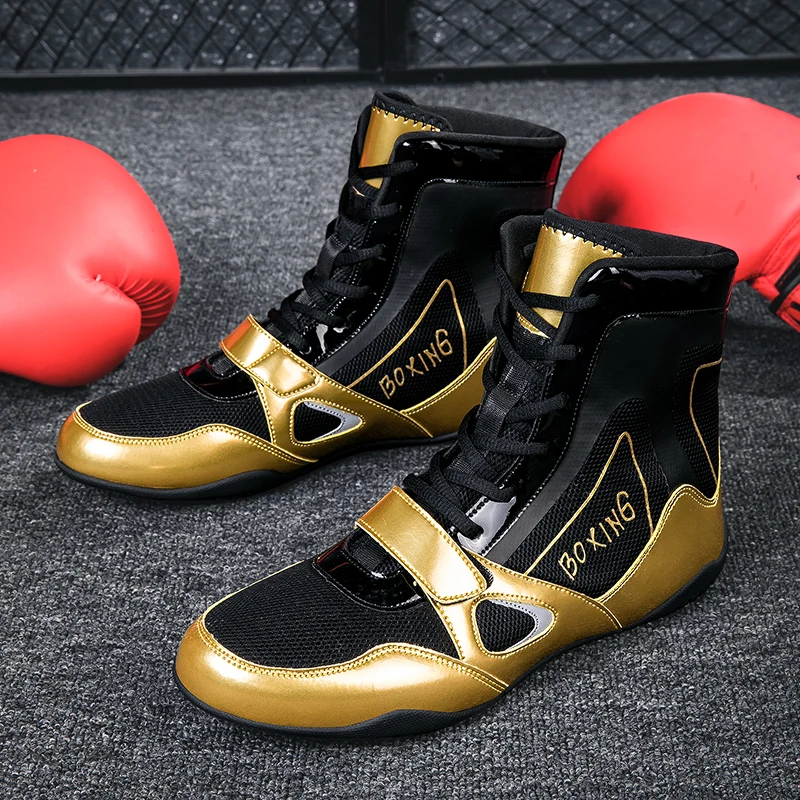 Professional Unisex Gold High Top Wrestling Shoes Boxing and Fighting Training Boots Outdoor Sports Shoes Large Sizes 36-47