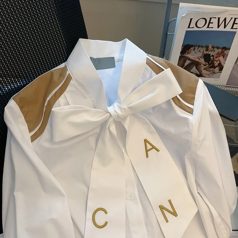 Fashion England Style Long Sleeve Blouses For Women 2022 Bow Letter Tee White Single Breasted V-neck Loose Boyfriend Shirt