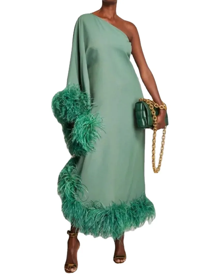 

2023 Spring Summer New \Women's Feather Long Sleeve Pure Color High Street One Shoulder Big Swing Evening Dress