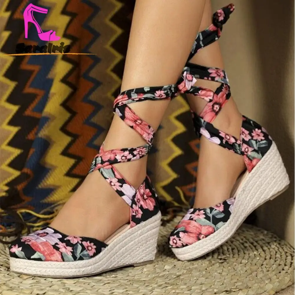 Spring Summer 2023 Roma Style Wedge High Heels Sandals Vintage Rope Calico Slip-on Sandals Casual Comfort Walking Lady Shoes