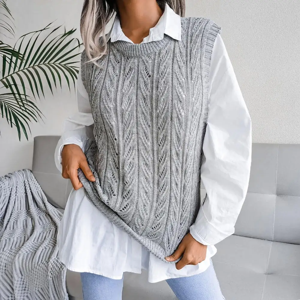 

Bottoming Vest O-Neck Solid Color Twist Ribbed Trim Sweater Vest Women Autumn Winter Knitted Waistcoat Loose Sleeveless Knitwear