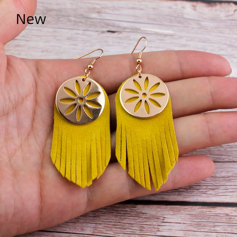 

ZWPON Gold Disc Soft Suede Leather Tassel Earrings for Women Leather Fringe Earrings Jewelry Wholesale