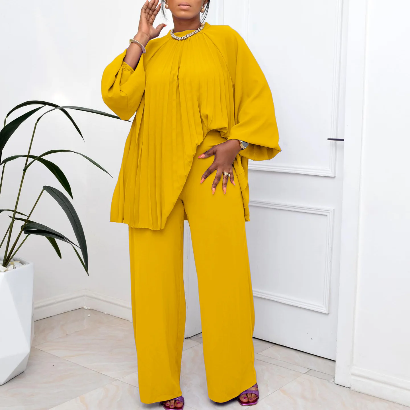 

Повседневный плиссированный однотонный свободный костюм из двух предметов, топ с рукавами-фонариками и широкие брюки, женский спортивный костюм