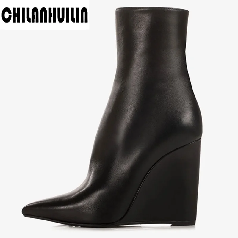 

fashion side zip ladies wedges ankle boots platform shoes women sexy elegant solid pointed-toe woman boots big size botas mujer