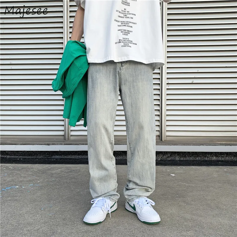 

Джинсы мужские с широкими штанинами, повседневные Прямые универсальные модные шикарные дышащие винтажные джинсовые брюки для отдыха в стиле High Street, голубого цвета, для лета