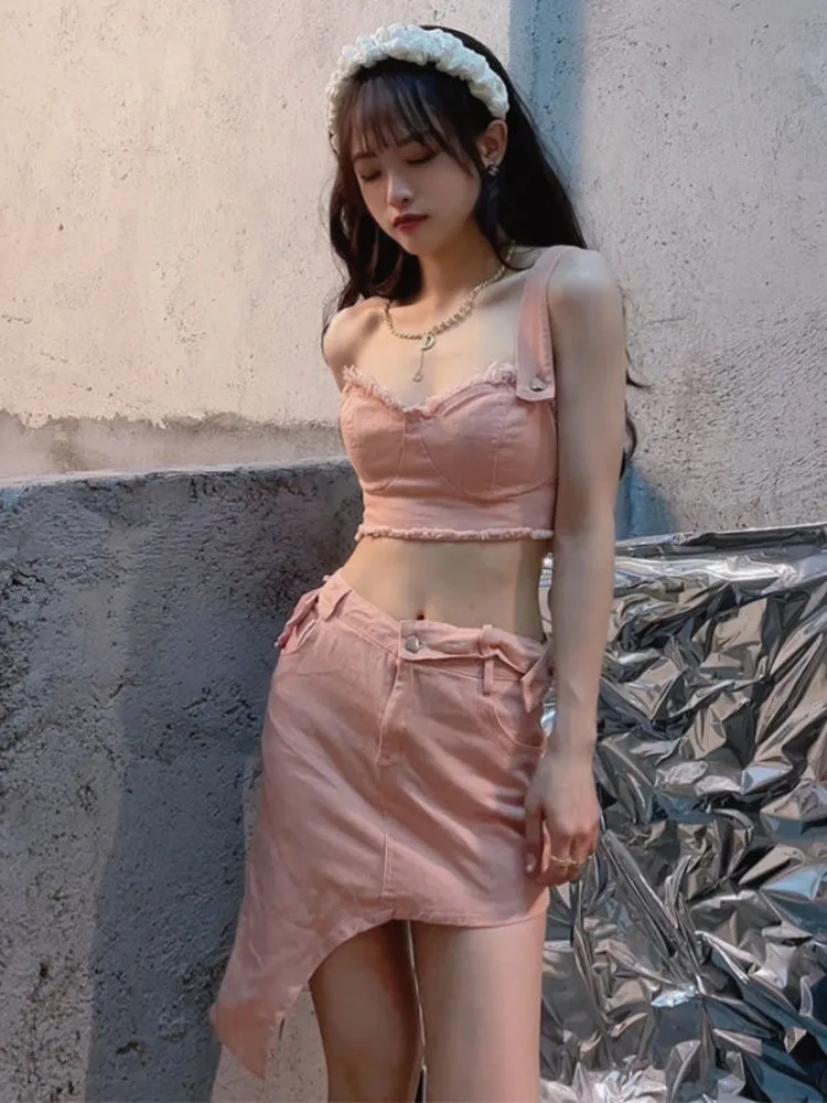 

New Summer Denim Sexy Women Sets Short Zipper Suspenders Slash Neck Tops Sashes Button Pocket Irregular Skirt Two Piece Set