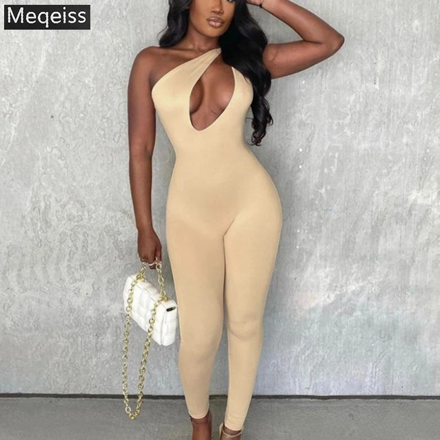 

Meqeiss Sexy Hollow One-shoulder Jumpsuit Women's 2021 Streetwear Solid Color Casual Open Back Skinny Slim sleeveles Jumpsuit