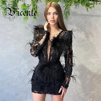 vc summer feather pearl design v neck long sleeve short sexy mini dress