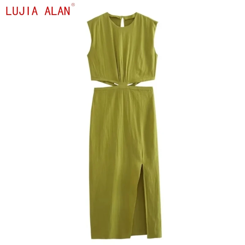 

Autumn New Women's Sexy Off Waist Side Slit Midi Dress Female Casual Sleeveless Slim Vestidos LUJIA ALAN WD3090