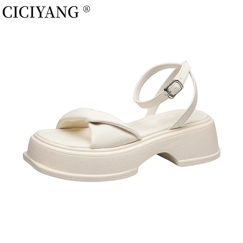 CICIYANG Ladies Ankle Strap Flatform Sandals Women2023 Platform Gladiator Muffin Sandals Open Toe Footwear Summer Black Leather