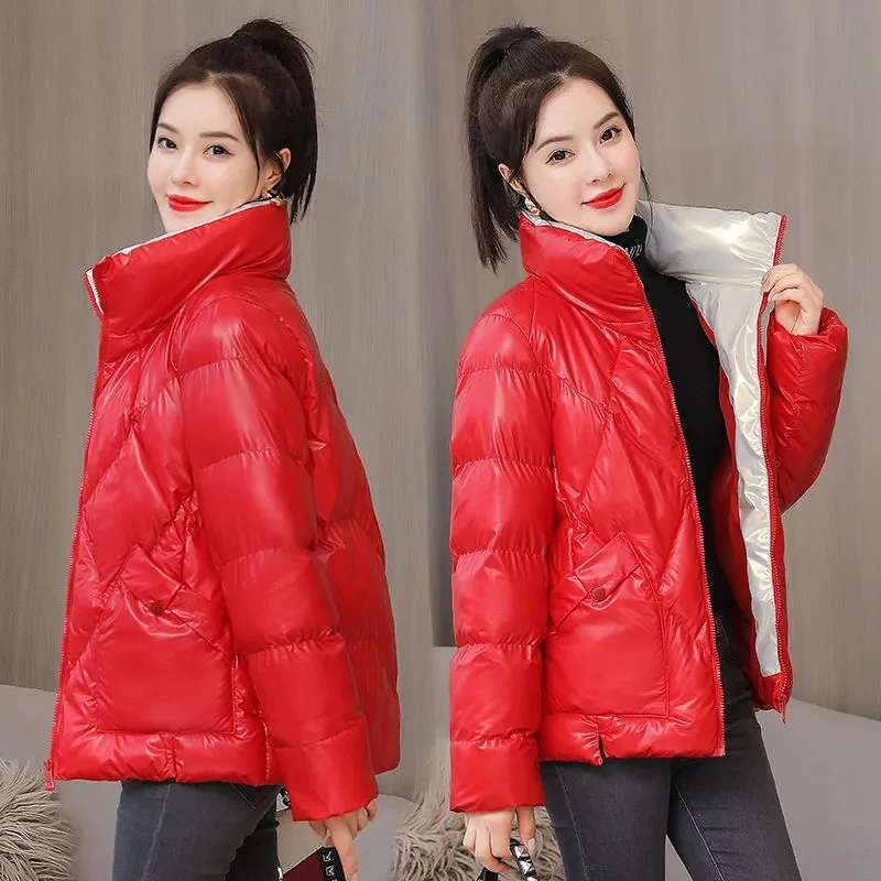 Women's Winter Glossy Parkas 2022 New Solid Elegant Loose Coat Warm Down Casual Cotton Padded Jacket Fashion Streetwear Outwear