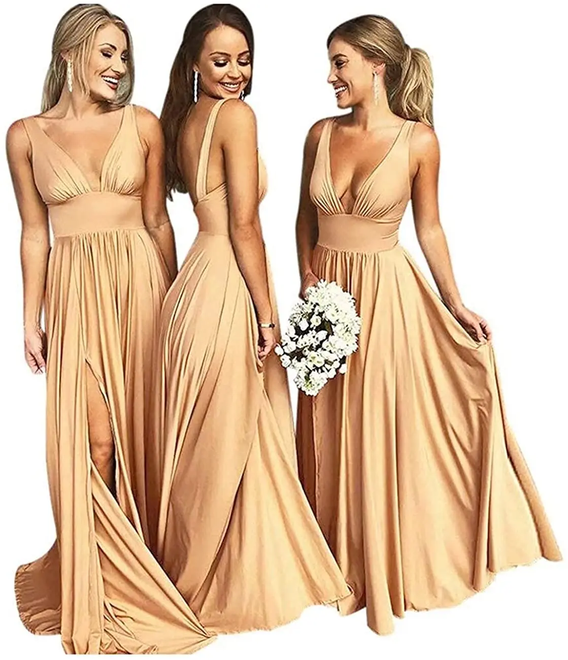 Vestidos de Dama de Honra Sexy com Decote em v Plissado com Bolsos a Linha Robes de Soirée Formal de Casamento para Mulher Longo Stretchy Split Vestido