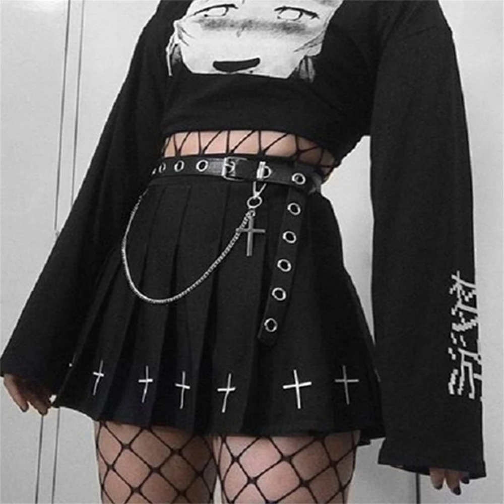 

Women's high waist pleated skirt, black miniskirt, cross printing, Gothic style, street clothing, Lolita, University