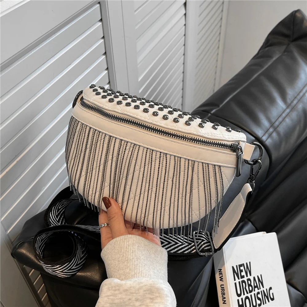 

Burminsa Wide Strap Tassel Rivet Chest Crossbody Bags For Women 2022 Trend Fashion Designer Large Capacity Girl Waist Fanny Pack