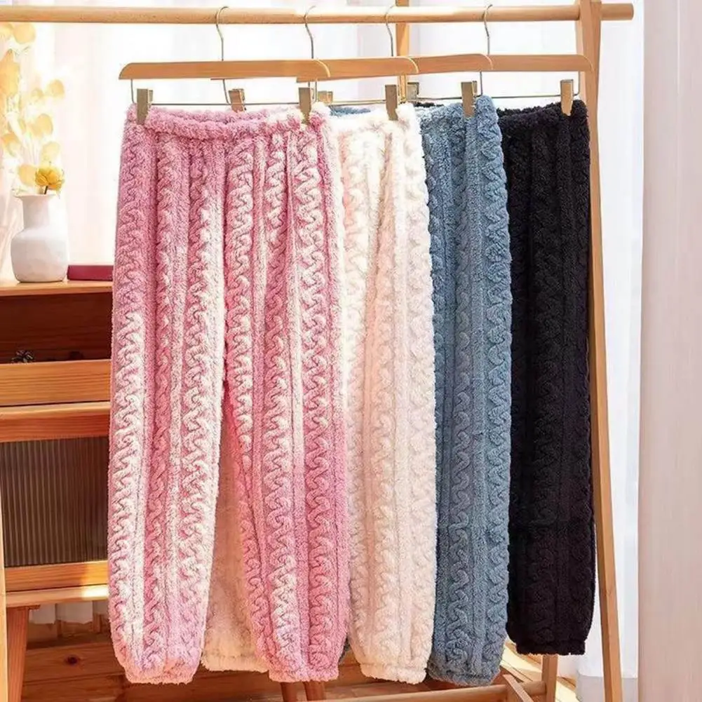 

Mid-rise Elastic Waistband Spiral Texture Wide Leg Shrinkable Cuffs Sleep Pants Women Winter Solid Thickened Coral Fleece Casual