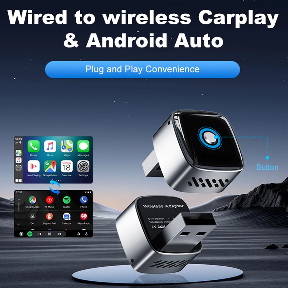 Фото Беспроводной адаптер Android Auto CarPlay с кнопкой, мини-бокс с USB-разъемом, Bluetooth, Wi-Fi, AI-бокс для iPhone и Android, B5 Wooboobox №4
