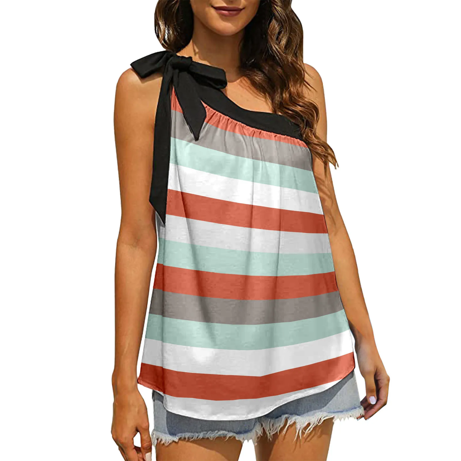 

Fashion Women One Shoulder Tank Top Summer Casual Sleeveless Stripe Print Sexy Y2k Camisole Top Clothes