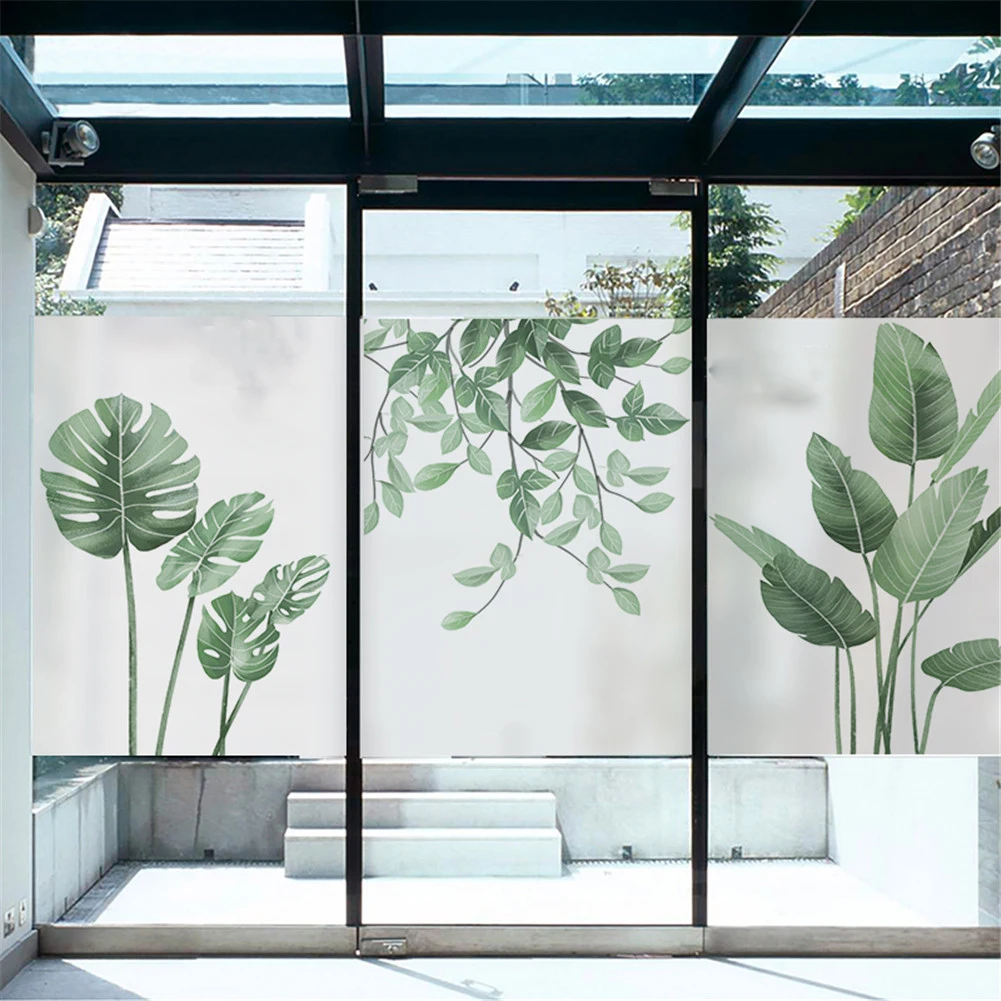 Декоративная прозрачная пленка для окон витражные наклейки с зелеными листьями