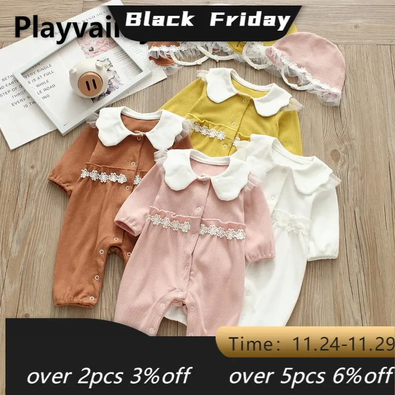 

2022 New Spring Baby Girls Romper Lace Peter Pan Collar Long Sleeves Soft Jumpsuit with Cute Cap Infant Cotton Outfits E1041