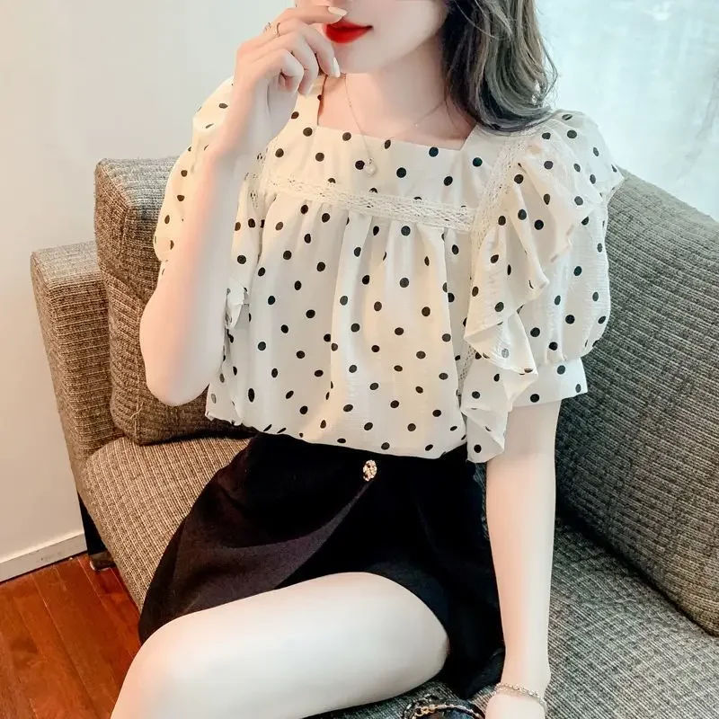 Женская шифоновая блузка в горошек белая рубашка с коротким рукавом и оборками