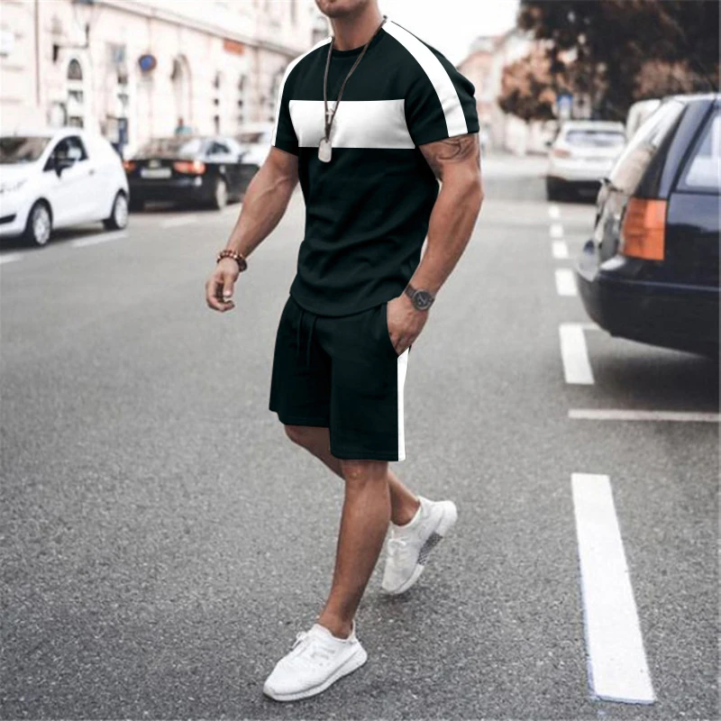 New Fashion Men's T-shirt Set Solid Color Panel Pattern 3D Printed Short Sleeve T-shirt Shorts Plus Size Casual Summer Set
