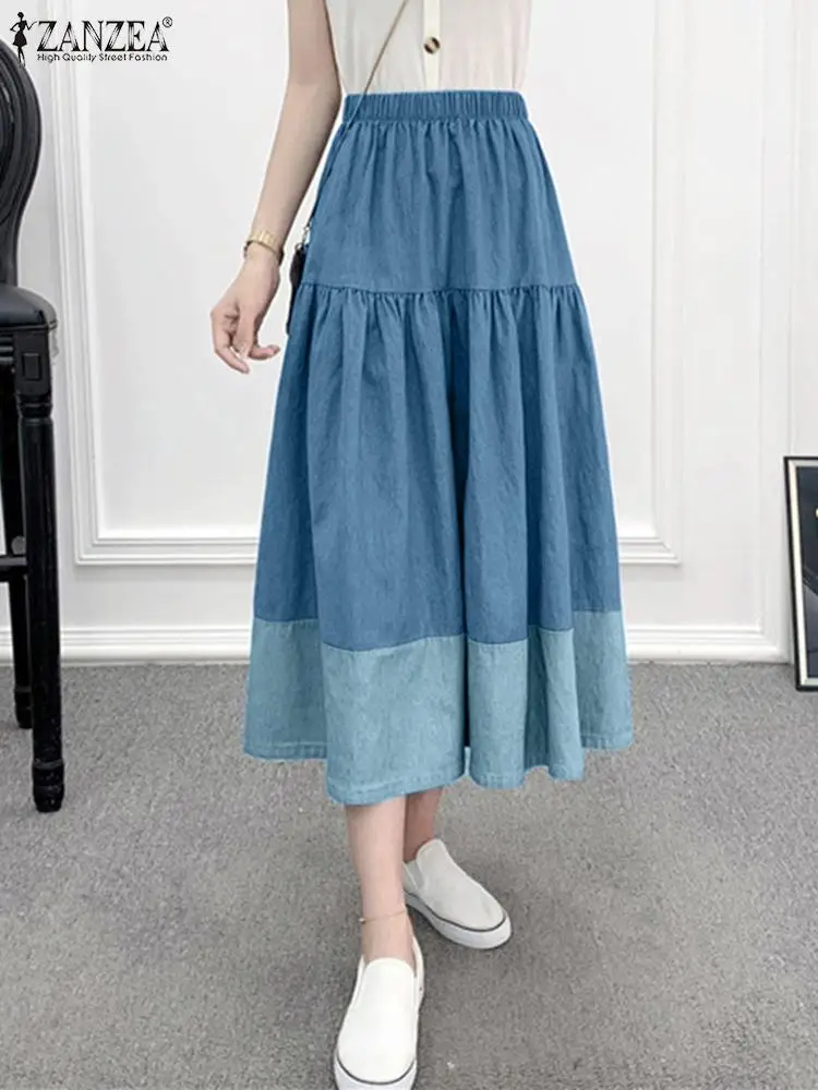 

Fashion Denim Skirt Women ZANZEA 2023 Summer Holiday Elastic High Waist Maxi Jupes Vintage Colorblock Communting Faldas Oversize