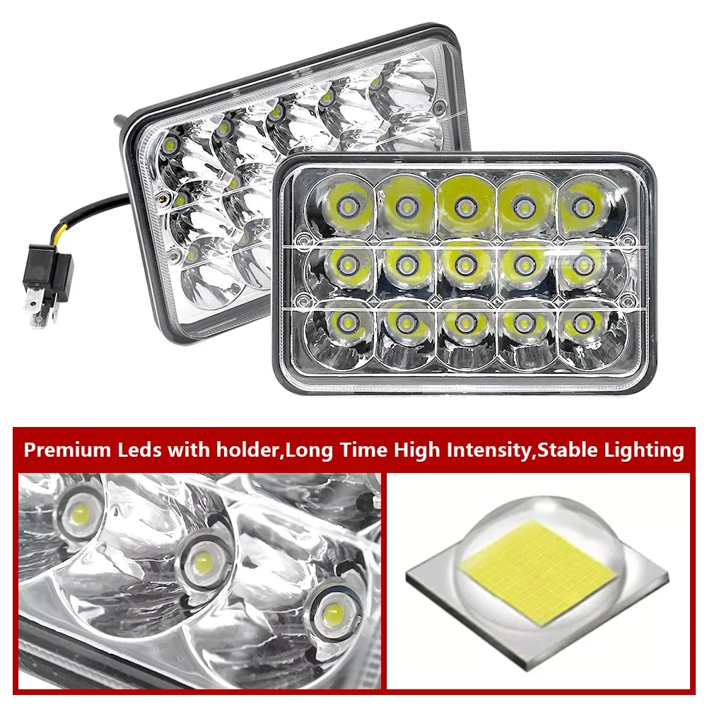 

5" LED HEADLIGHTS SEALED HI/LO BEAM 4x6 HEADLAMP 15x3W RECTANGLE 3000LM HEAD LIGHT 12V FOR TRUCKS PICKUP ATV SUV