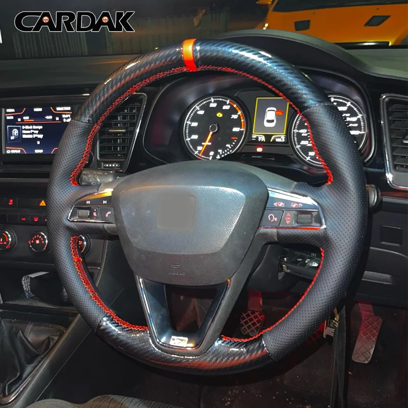 Фото CARDAK Чехлы рулевого колеса автомобиля DIY черная замшевая кожа для Seat Leon 5F Mk3 2013-2019 Ibiza 6J Tarraco Arona Ateca Alhambra №3