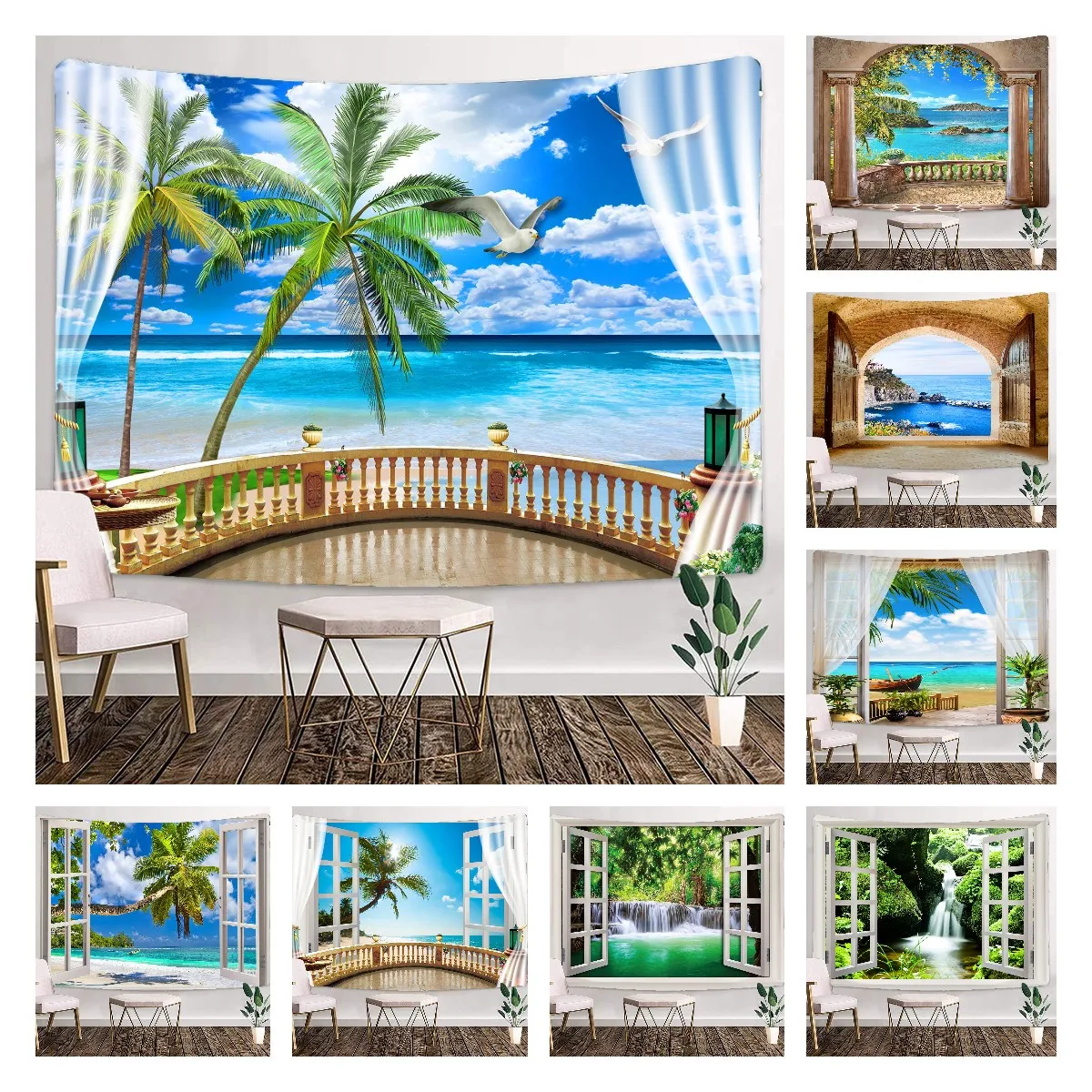 

Beach Coconut Tree Tapestry Kawaii Bedroom Room Decoration Aesthetic Scenery Outside Window Tapestries Boho Home Decor Tapiz