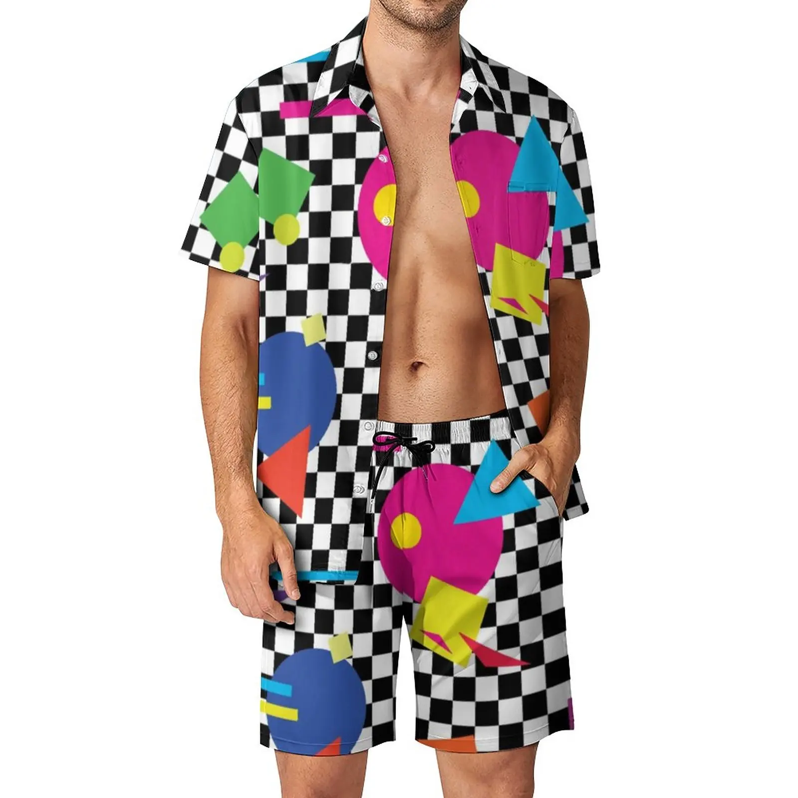 

Colorful Memphis Men Sets Retro Shapes 1980s Casual Shorts Summer Aesthetic Beach Shirt Set Short Sleeve Print Plus Size Suit
