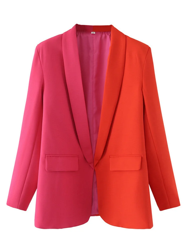 

Women Office Lady Blazer Pink and Red Contrast Color Long Sleeve Blazer Coat Vintage Pockets Outerwear Autumn Tops 2023