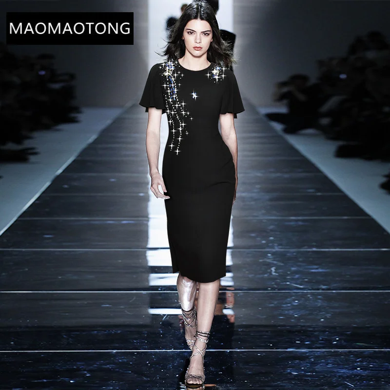 

Fashion Designer dress Summer Women Dress Short sleeve Luxurious Crystal Beads Slim Black Pencil Elegant Party Dresses