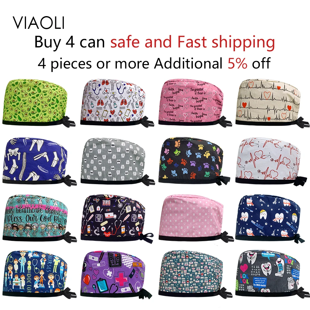 

Women's Cotton Scrubs Caps Breathable Elastic Section Pet Grooming Nursing Work Hats Lab Cartoon Printing Scrub Hat Wholesale