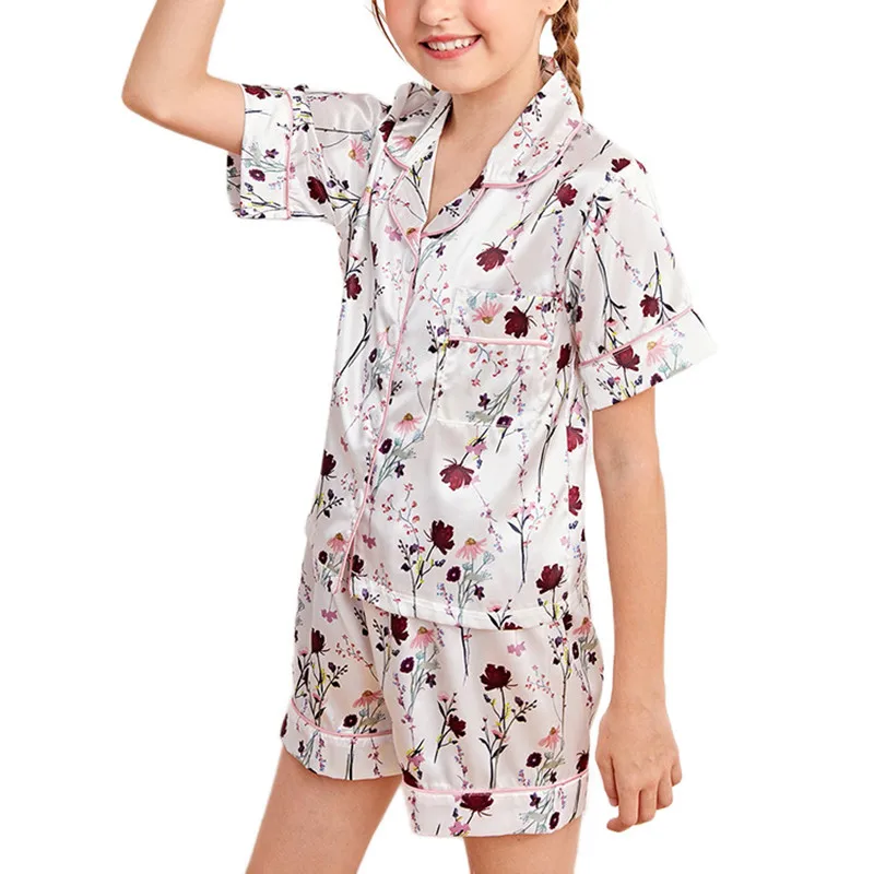 

Детский летний пижамный комплект из двух предметов, шорты с коротким рукавом, имитация шелка, дышащая домашняя одежда для девочек, 2023