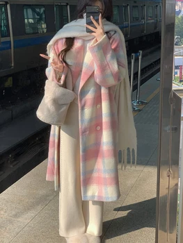 2022 Winter Rainbow Woollen Overcoat Women Casual Plaid Long Coats Office Lady Y2k Clothing Korean Fashion Trench Coats Jacket 1