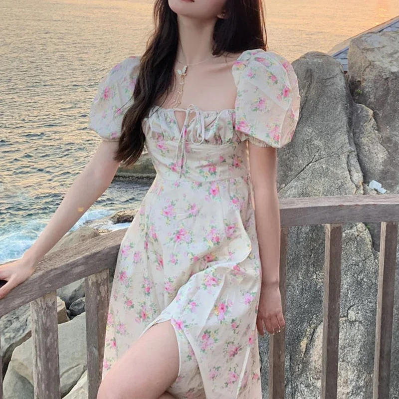 

2021 Summer Puff Sleeve Vingate Midi Dress Women Square Collar Evening Party Floral Dress Beach One Piece Dress Korean Y2K Fairy